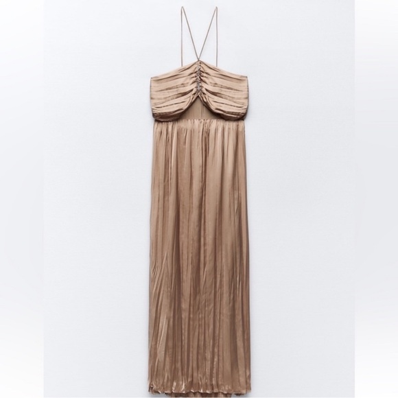 Zara Dresses & Skirts - Zara Beige Satin Ruched Maxi Dress